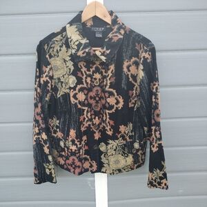 Citron Santa Monica Jacket Womens Large Floral Asian Button Front Black Artsy